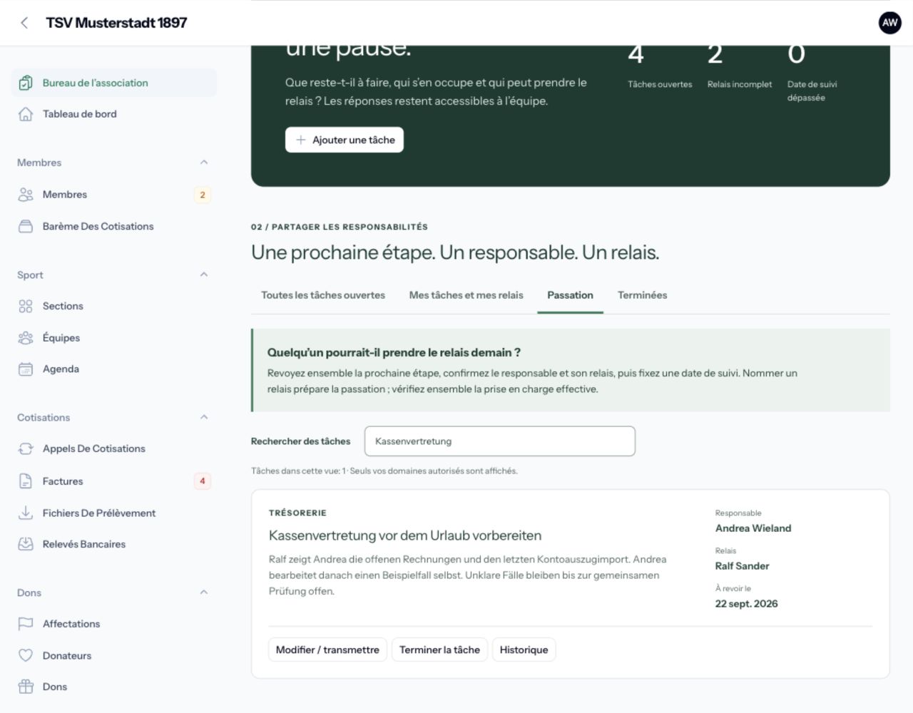 Vue de passation Club Base Cloud avec responsables et dossiers ouverts