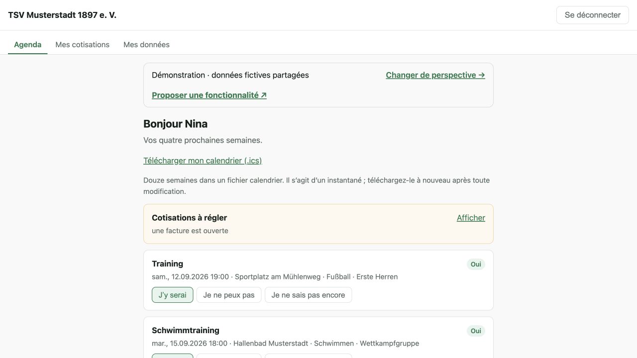 Club Base Cloud : véritable portail personnel, données fictives en allemand